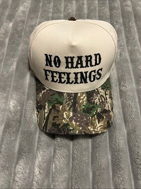 'No Hard Feelings' Trucker Hat with Camo Brim